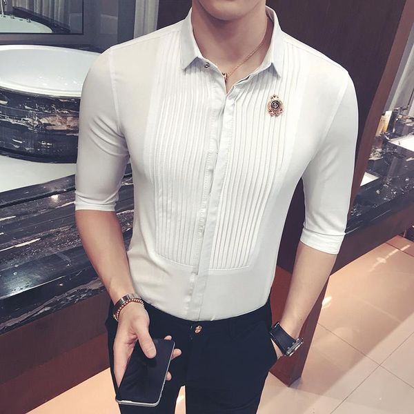 

men's casual shirts luxury court style shirt men slim fit short sleeve dress solid color night club streetwear social work clothes, White;black