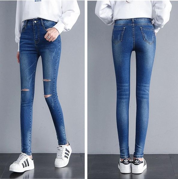 

women's jeans 2021 summer selling self-design high waist slimming calf three holes, Blue