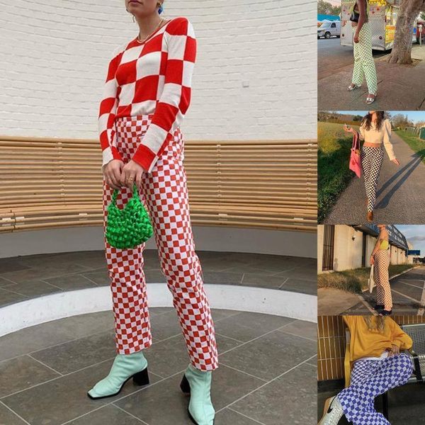 

women's pants & capris 2021 summer fashion casual straight leg pants, trendy checkerboard print high waist full length lounge, Black;white