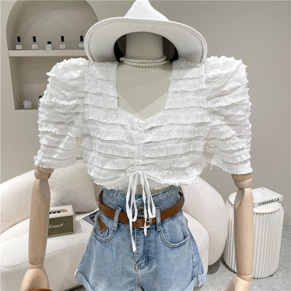 

women's blouses & shirts niche design clothing summer 2021 fashion puff sleeve square neck backless pleated drawstring ruffle shirt top, White