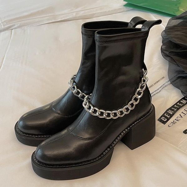 

boots chain decoration platform genuine leather women shoes thick high heel woman ankle autumn winter black ladies