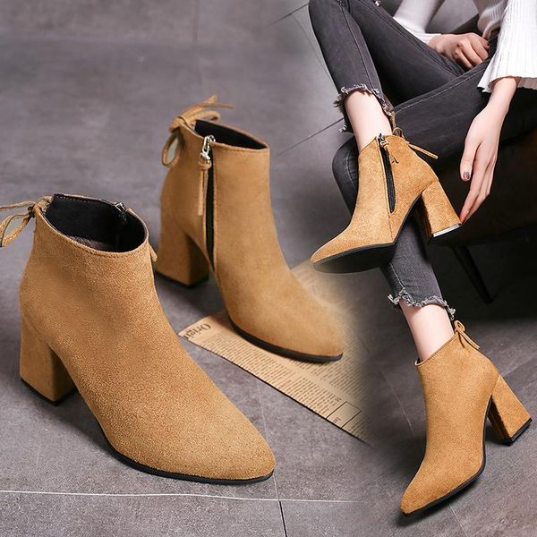 

boots winter leisure pointed toe women's ankle thick high heels warm snow quality lace-up zipper ladies shoes 43, Black