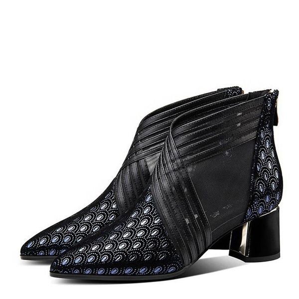 

boots gladiator sandals pointed toe high heels ankle boot mesh sandal square ladies shoes summer autumn botas mujer 8737g, Black