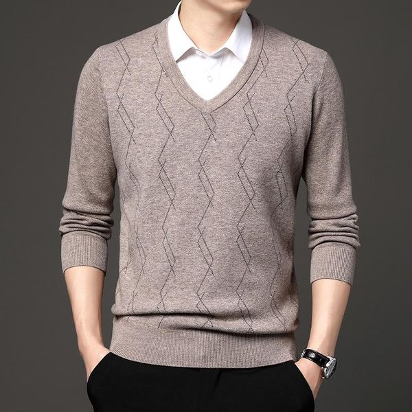 

men's sweaters sweater 100 wool winter thickened solid color jacquard v-neck pullover warm bottoming shirt, White;black