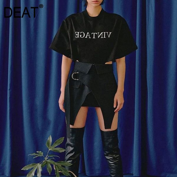 

women black printing hollow out show waist t-shirt round neck half sleeve loose fit fashion tide summer 7d0800 210421, White