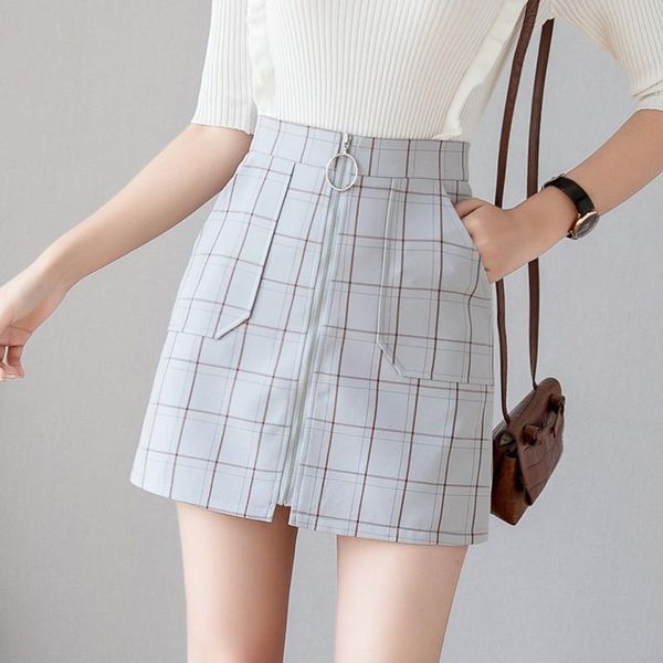 

skirts hiawatha 2021 plaid high waist skirt women summer zipper a-line slim d4158, Black