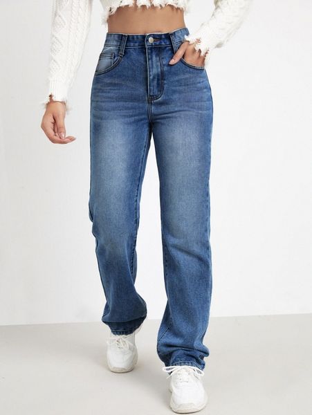 

slant pocket straight leg jeans without belt e98m#, Blue