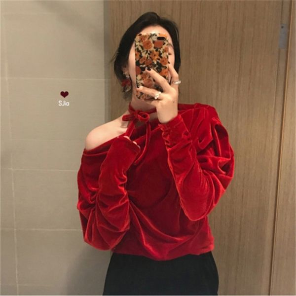 

genayooa autumn women solid off shoulder blouse velvet womens and blouses elegant long sleeve halter neck korean 210417, White