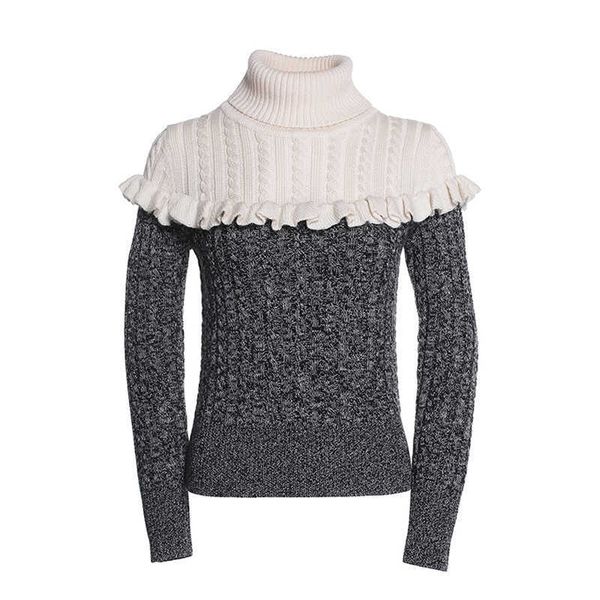 

perhaps u women sweater turtle neck pullover long sleeve casual winter sweater gray white patchwork ruffle cable m0302 210529