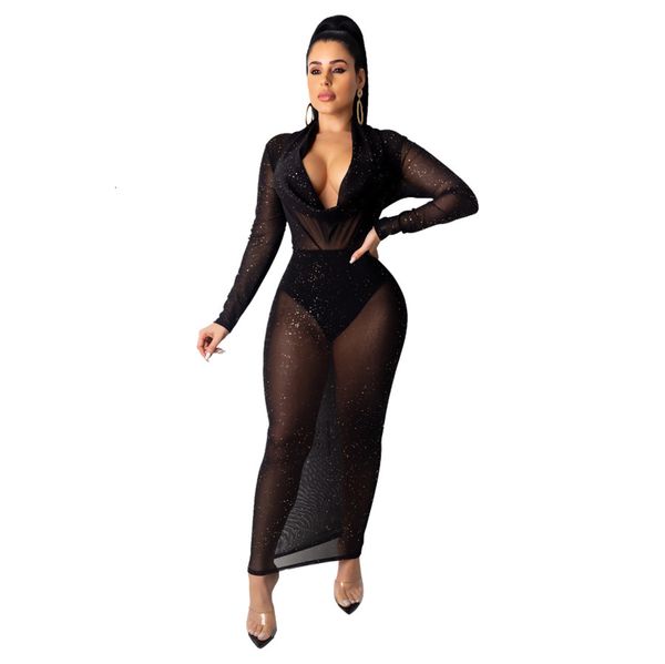 

sparkle mesh see through women nightclub v neck long sleeves bling bodycon es ankle length with underwear s, Black;gray