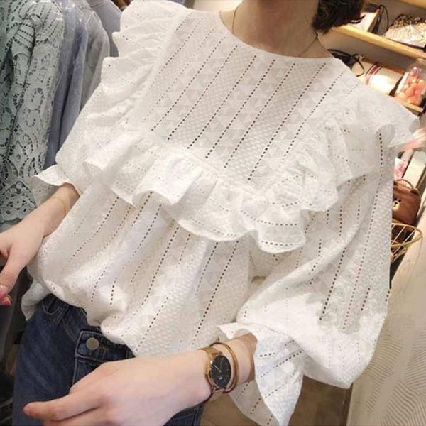 

women's blouses & shirts ruffles hollow out embroidery women blouse vintage o neck loose and sweet lace white shirt blusas 15889
