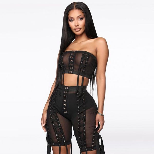 

women's tracksuits chic lace up fringe mesh shorts set stretchy sheer and 2-piece with eyelet detailing, Gray