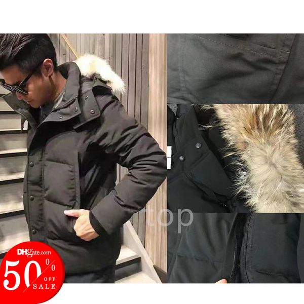 

dhl hiping mens canada real wolf fur collar duck down jackets coats warm winter coat outwear fashion jacket parkas, Black