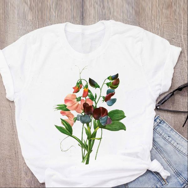 

women graphic t shirt flower plant fashion print floral short sleeve summer lady womens clothing tees female, White