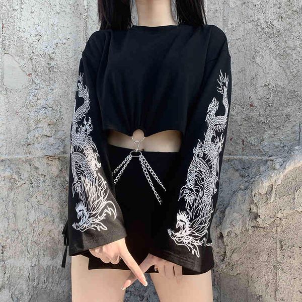 

tee Street dragon top with women's sweater black chain Gothic clothing wild shirt women autumn culture t, White