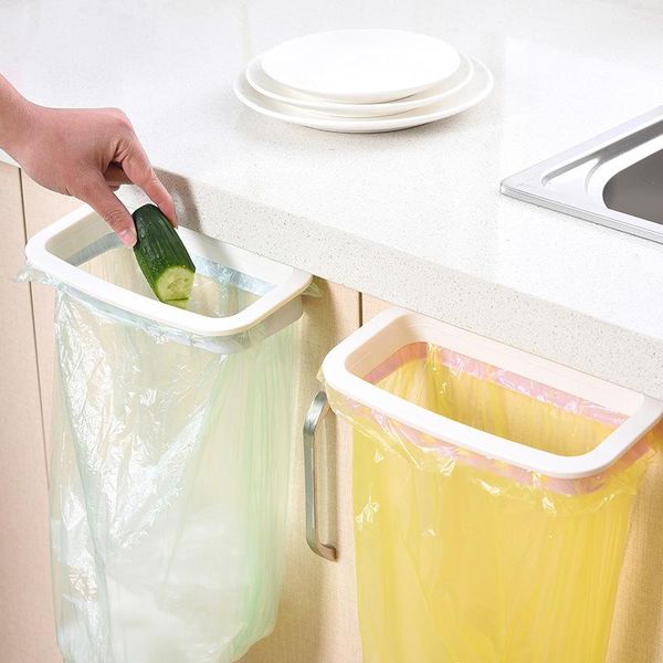 

waste bins kitchen cabinet door garbage bag storage rack hanging trash can back double hook plastic hanger bracket