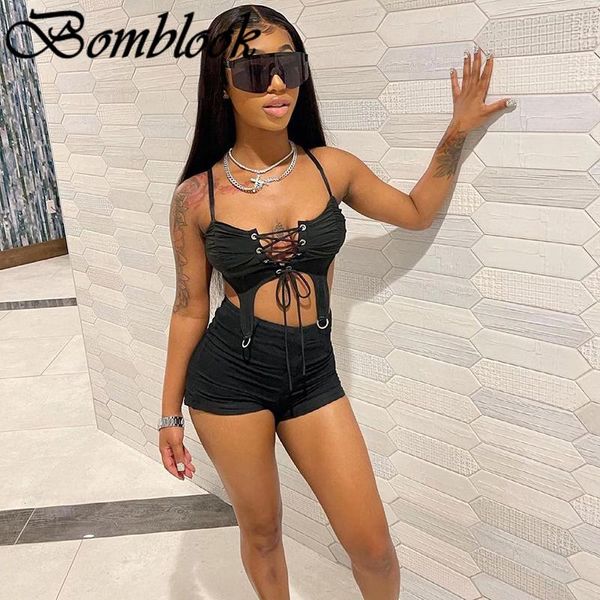 

women's tracksuits bomblook party club womens suit summer 2021 solid lace up irregularity camisole slim shorts 2 piece sets femme stree, Gray
