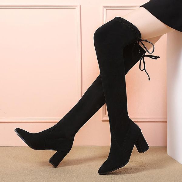 

boots rimocy 2021 winter over the knee women stretch fabrics high heel slip on shoes woman black pointed toe long ladies