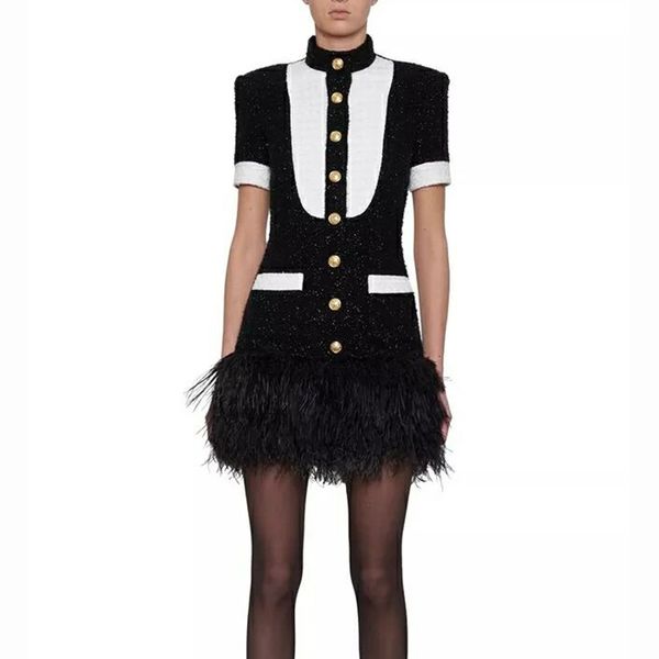 

dress high street 2021 younger fashionable women's metal buttons embellished feather block, Black;gray