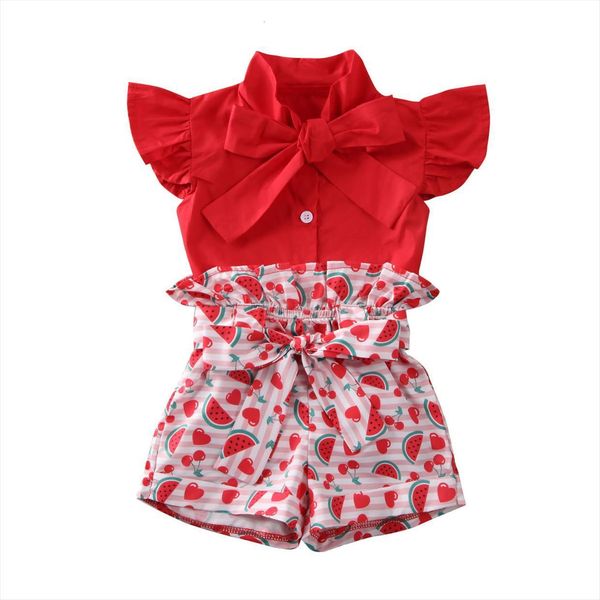 

1 6y summer newly infant kids girls clothes sets casual ruffle shirt watermelons printed shorts lovely outfits, White