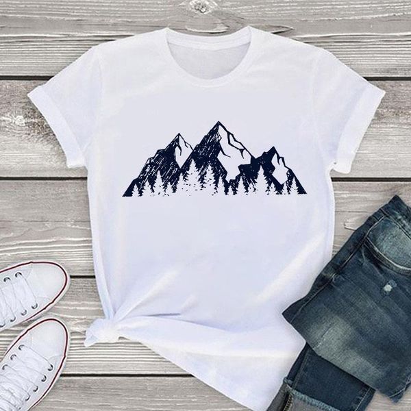 

women's t-shirt adventure mountain moon harajuku landscape painting graphic summer vacation simple natural pattern, White