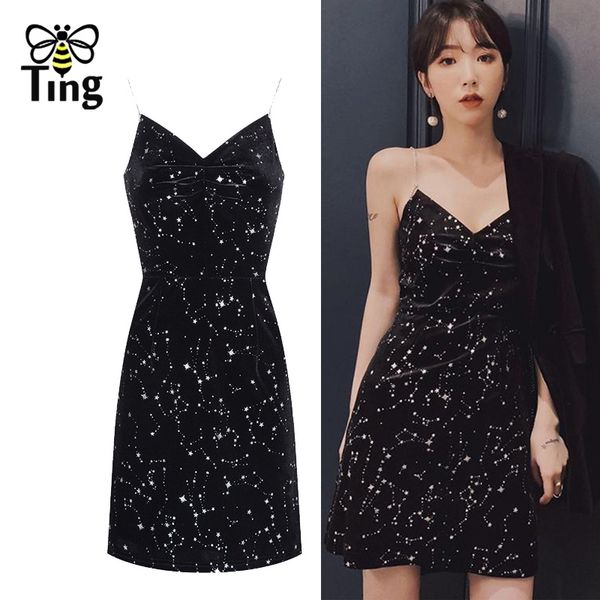 

vintage dark glitter sleeveless black mini short dress clubwear link strap sundress night club party vestitis 210513, Black;gray