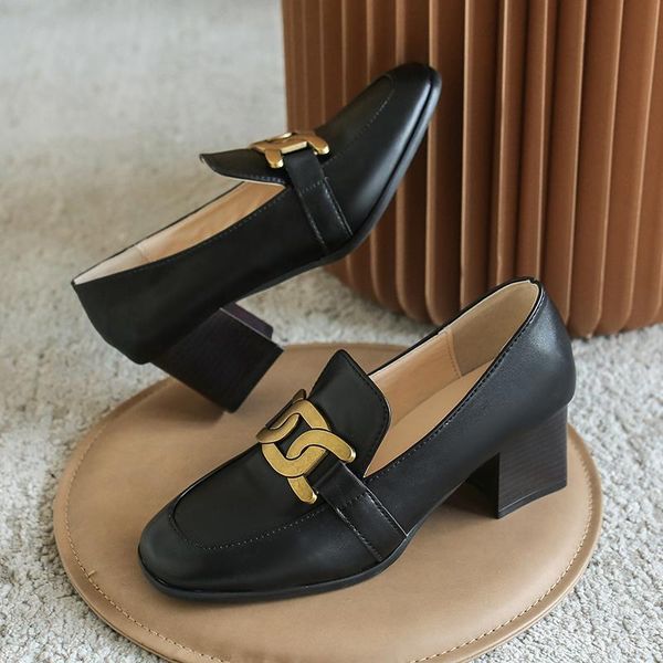 

women single shoes 6cm thick heels pumps square toe casual british female pu leather working office lady dress, Black