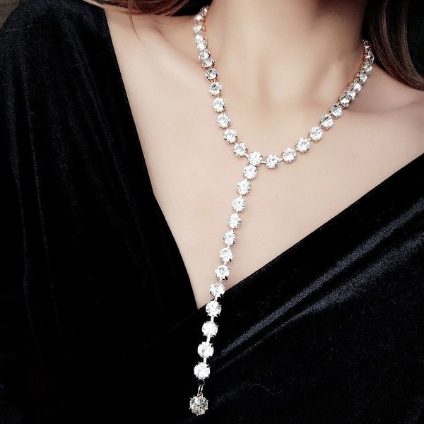 

y-shaped long tassel full diamond pendant necklace is luxurious and fashionable to wear, suitable weddings, gift necklaces for girlfriend, Silver