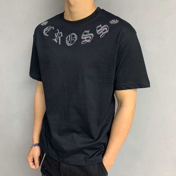 

sanskrit 21ss better crosin letter ch drill cross half sleeve cotton round neck men's and women's t-shirt, White;black