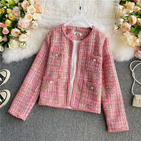 Autunno donna new fashion o-collo manica lunga colore rosa lurex patchwork tweed cappotto giacca corto OL casacos ML