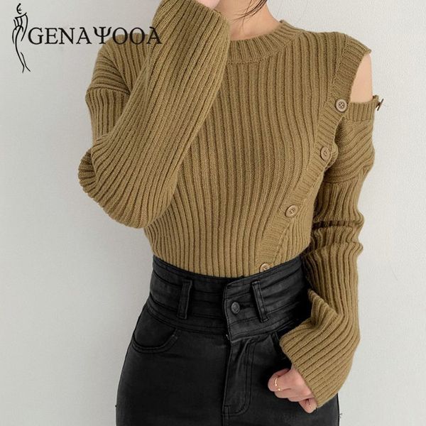 

genayooa off the shoulder knit sweater pullover long sleeve o neck slim sweaters for women irregular vintage jumper ladies 210417, White;black