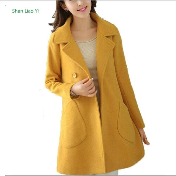 

women's woolen coats long-sleeved jacket long lapel wool fashion large size 2021 4xl blends spring parkas outerwear &, Black