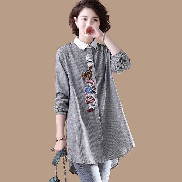 

women's blouses & shirts spring autumn striped long women loose style embroidery blusas y camisas plus size fashion de mujer, White