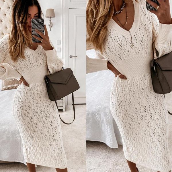 

casual dresses beige sweater dress woman autumn elastic long sleeve v neck elegant hollow midi party knitted fashion, Black;gray