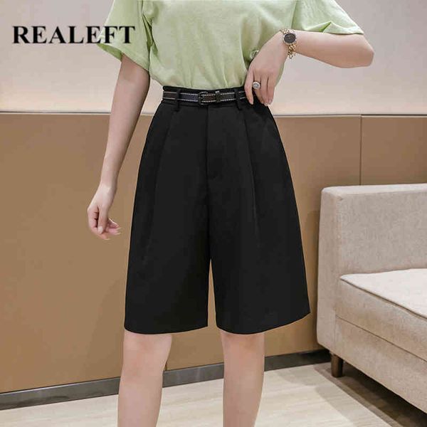 

summer chic formal half pants with belt high waist wide leg korean ol style elegant loose trousers pocket 210428, Black;white