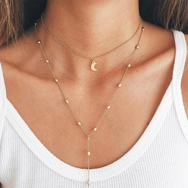 

pendant necklaces 2 pcs/set simple multi layered gold moon chain necklace set women's fine fashion clothing jewelry accessories, Silver