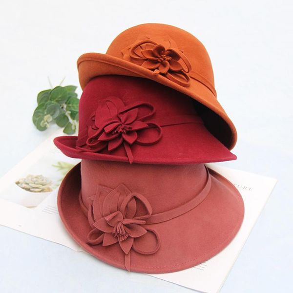 

stingy brim hats 100% wool beret winter female felt fedoras floral women's french pea hat flowers lm002, Blue;gray