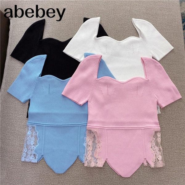 

women's t-shirt 2021 spring summer fashion streetwear lace patchwork square collar knitted slim women tees, White