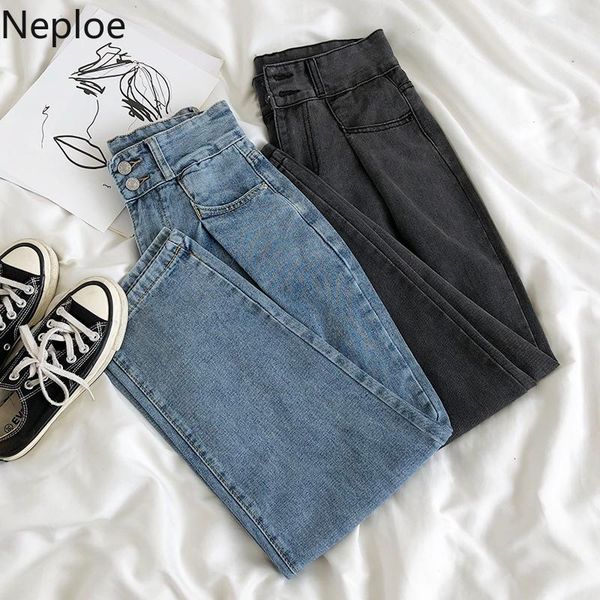 

women's jeans neploe women solid zipper button pockets ladies straight trousers spring 2021 casual high waist denim pants 1c076, Blue