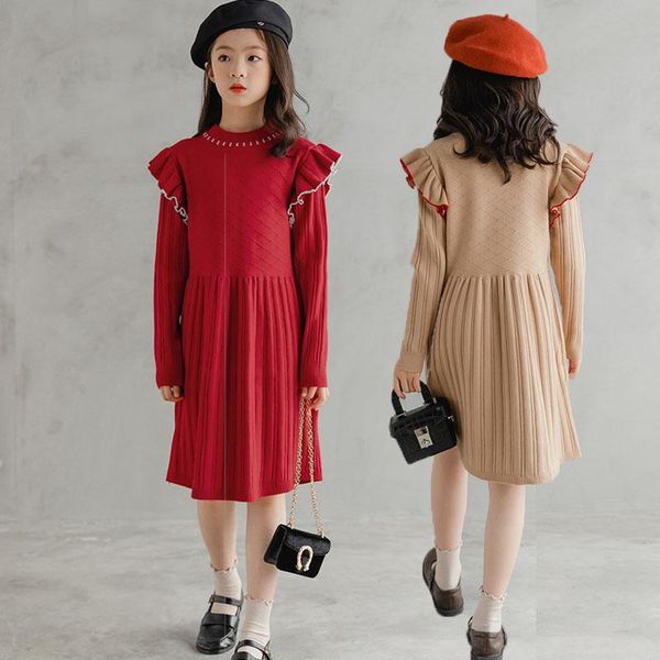 

girl's dresses teen girls sweater dress autumn winter knit kids school 2021 children ruffles spring baby clothing thick red khaki, Red;yellow