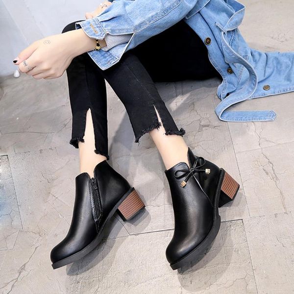 

boots short shoes nice autumn and winter pu leather wild side zipper square high heels bow ankle for woman booties, Black