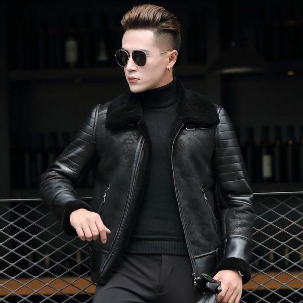 

men's leather & faux genuine pilot jacket sheepskin coat for men natural wool fur motorcycle chaqueta cuero hombre 8726 kj826, Black
