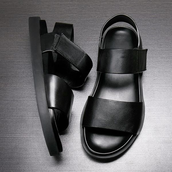 

slippers summer thick bottomed muffin sandals leather tidal shoes beach casual breathable non slip versatile men's e4ge, Black