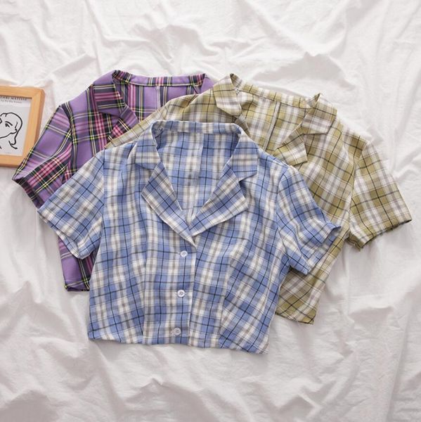 

2021 summer korean blouse women vintage crop shirt streetwear plaid ladies elegant button up shirt crop shirts, White