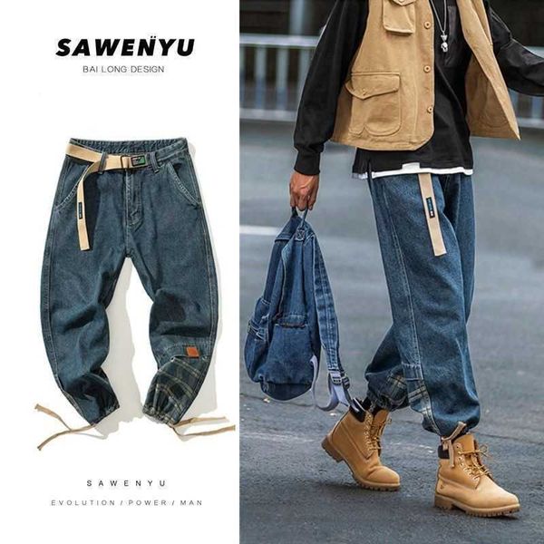 

men's shorts vintage jeans plaid stitching cargo casual loose pants male ankle-tied long denim hip hop trousers c6tt, White;black