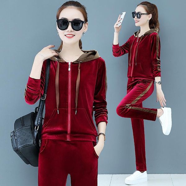 

women's two piece pants velvet tracksuit women set autumn clothes hoodies zipper coat and sports jogging suit female velour outfits, White