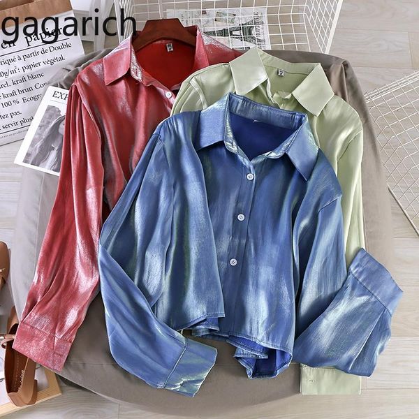 

women's blouses & shirts gagarich women blouse 2021 korean style shiny loose thin single breasted long sleeve shirt female short bottom, White