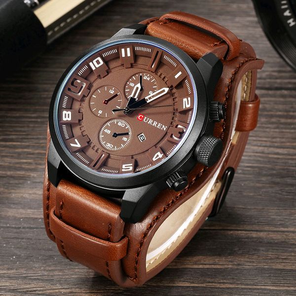 

luxury brand curren 8225 quartz mens watches fashion leather strap men watch casual date sport military male clocks g, Slivery;brown