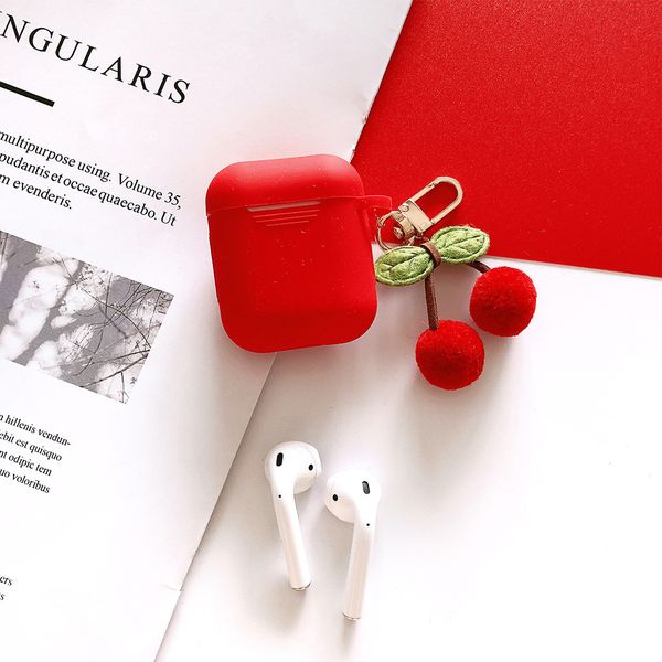 

pure color case with cherry pendant for airpods 1st 2nd soft silicone flexible cases cover cute shockproof earphone protector wholesale 9723