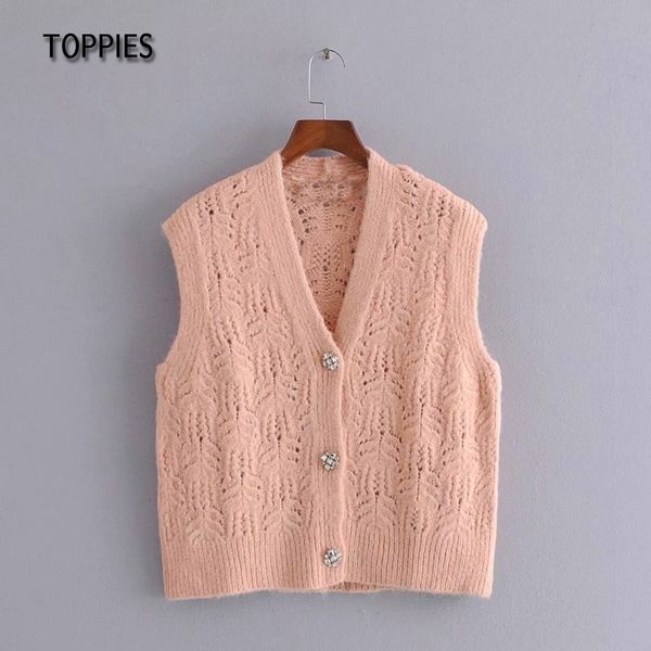 

ies fashion knitted pink sweaters vest woman artificial jewelry button single breasted waistcoat female jacket 210412, White;black